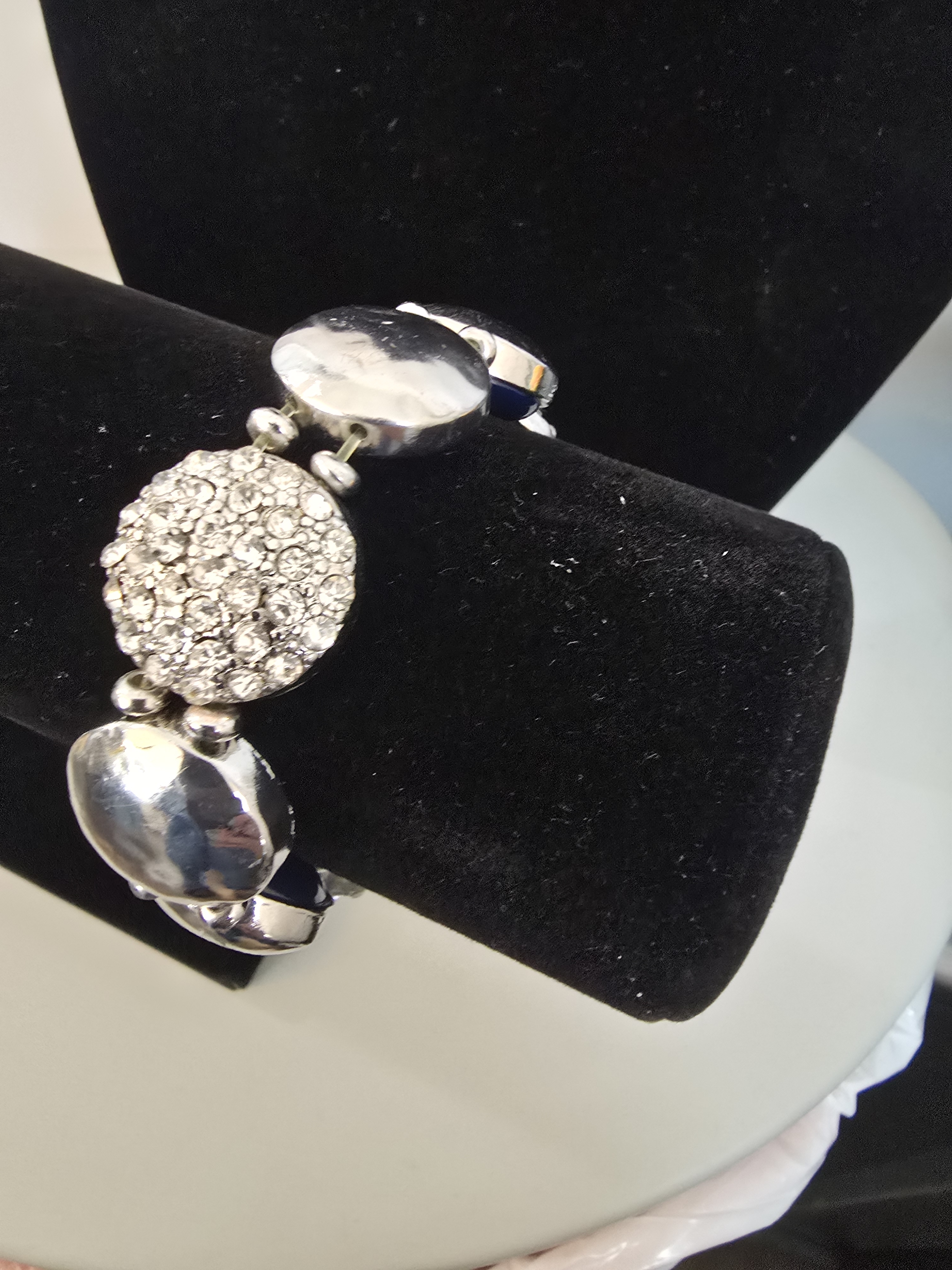 Reversible SilverTone Pave  Blue Disc Stretch Bracelet